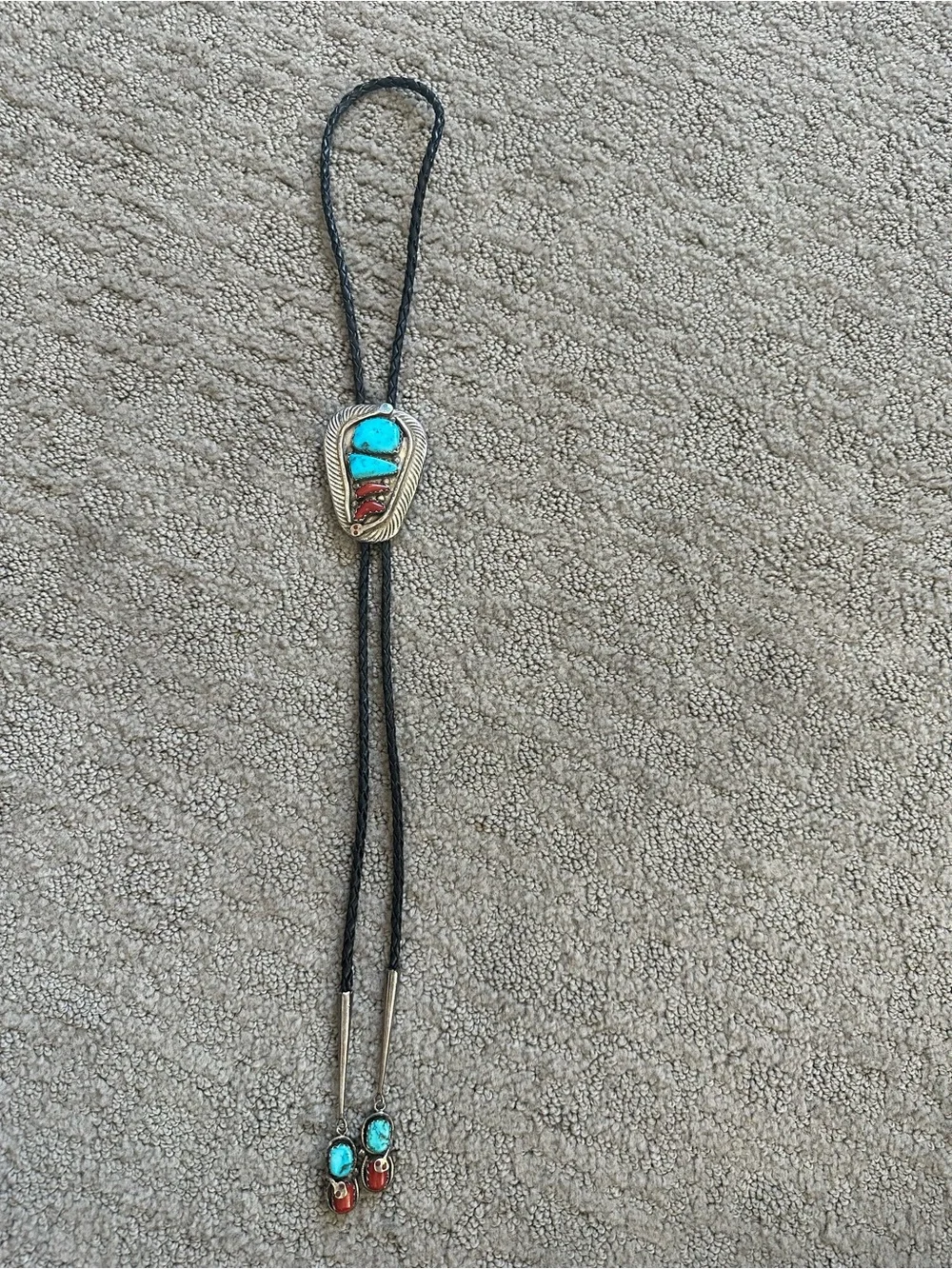 Effie Calavaza Zuni Sterling Silver Turquoise Coral Snake Bolo Tie